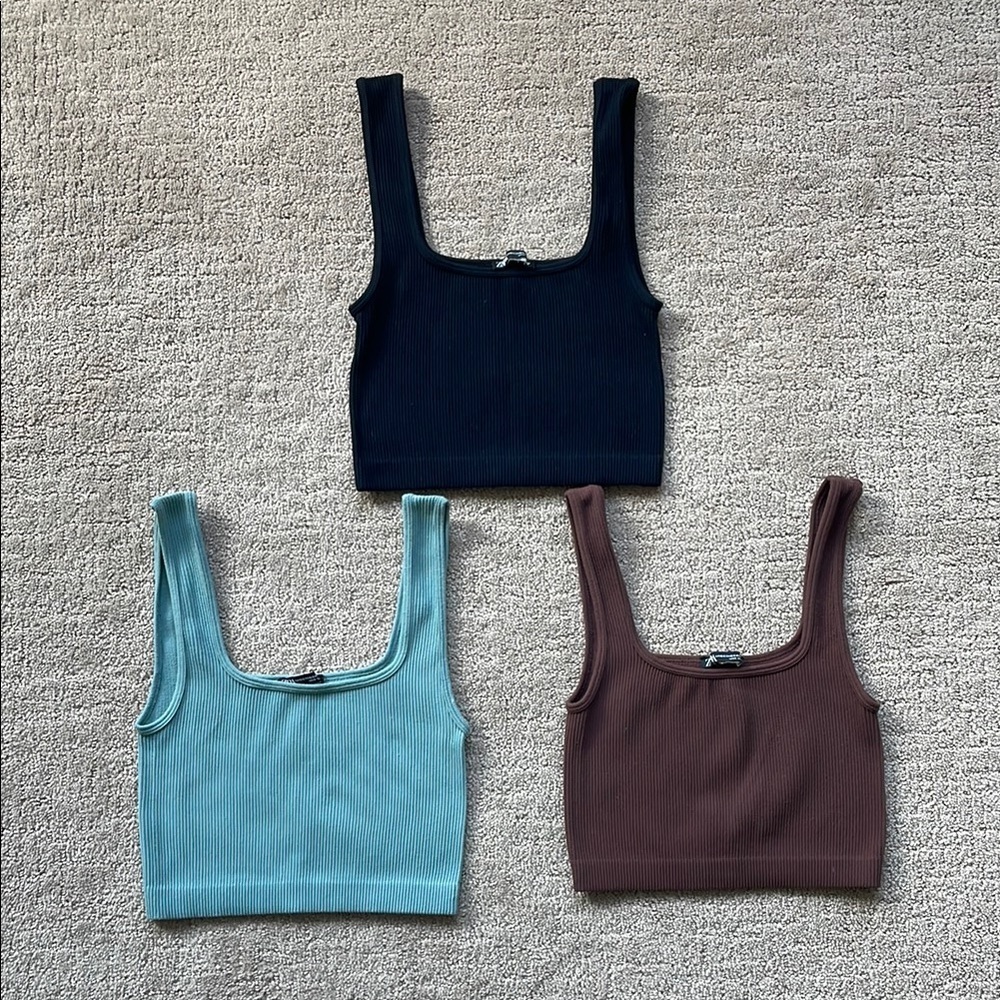 Bundle of Zara Cropped Ribbed Tank Tops - Black, Blue, Brown